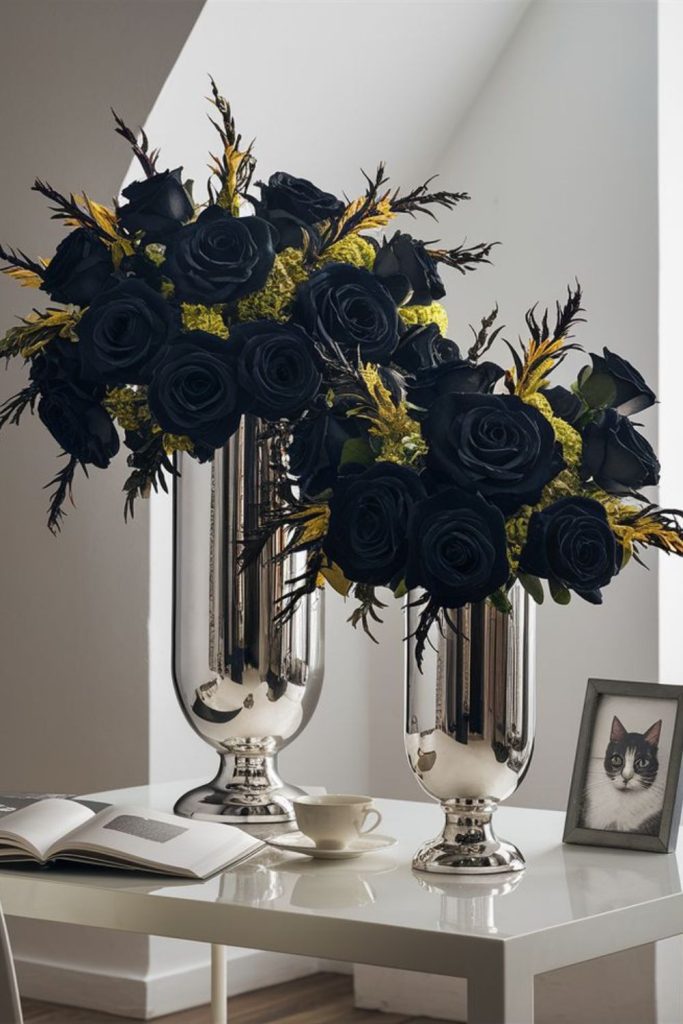 Black velvet roses in obsidian vase