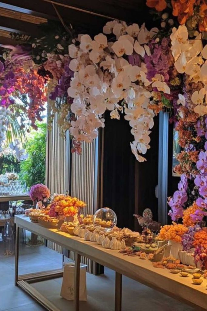 Midnight garden glowing floral setup.