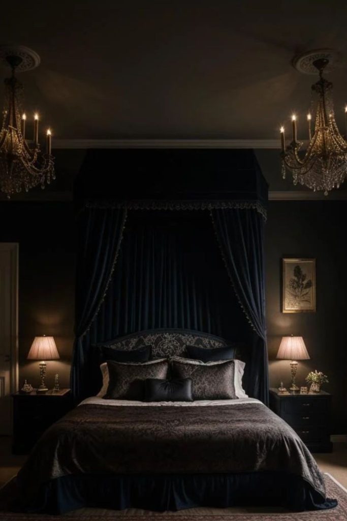 Black canopy bed luxurious midnight sanctuary style.