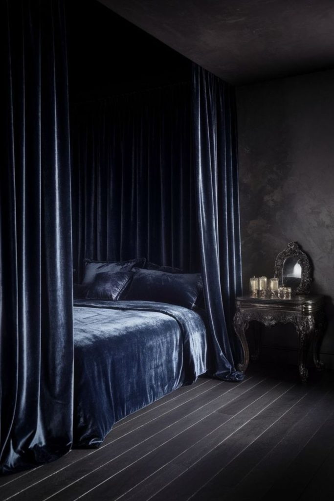 Deep indigo velvet pillows flickering candlelight