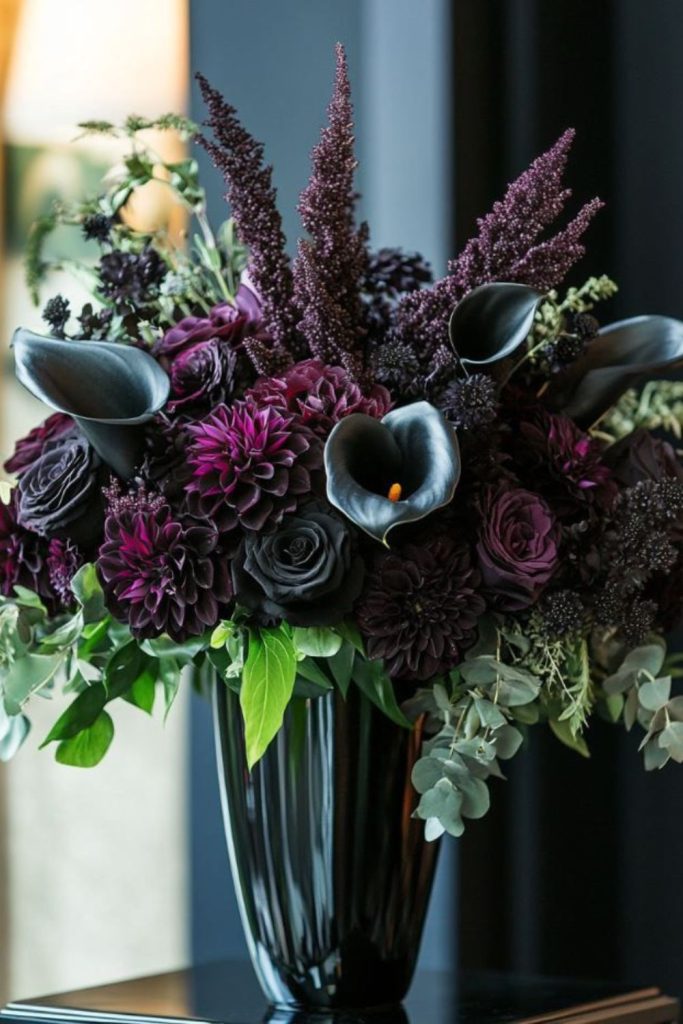 Purple lisianthus with black calla lilies