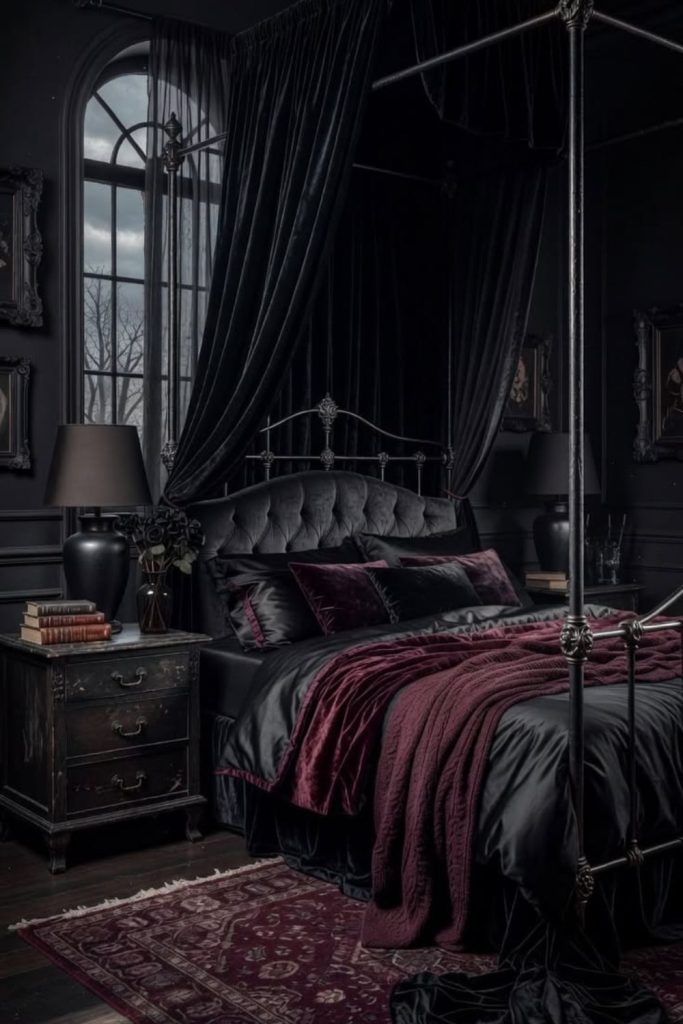 Black velvet canopy bed moody luxury ambiance.