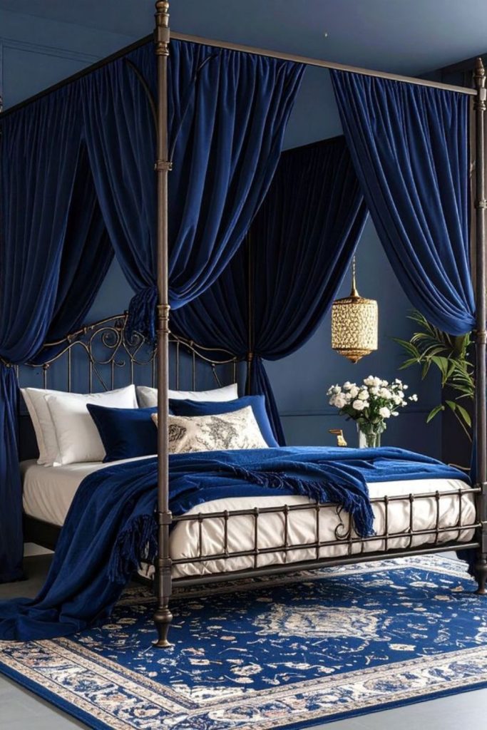 Deep navy velvet draped cozy bed