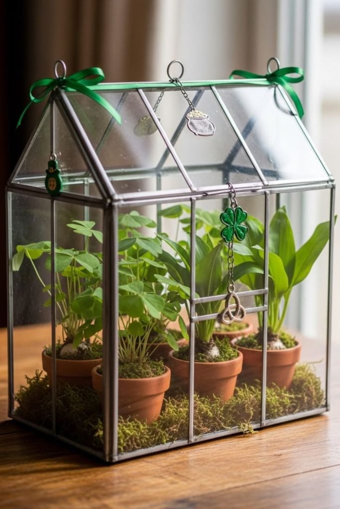 Tiny glass greenhouses holding miniature plants.