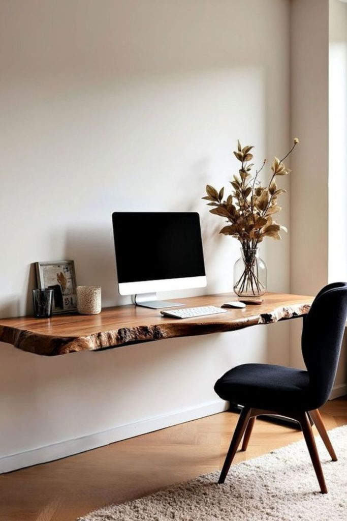 Floating wooden desk with sleek design