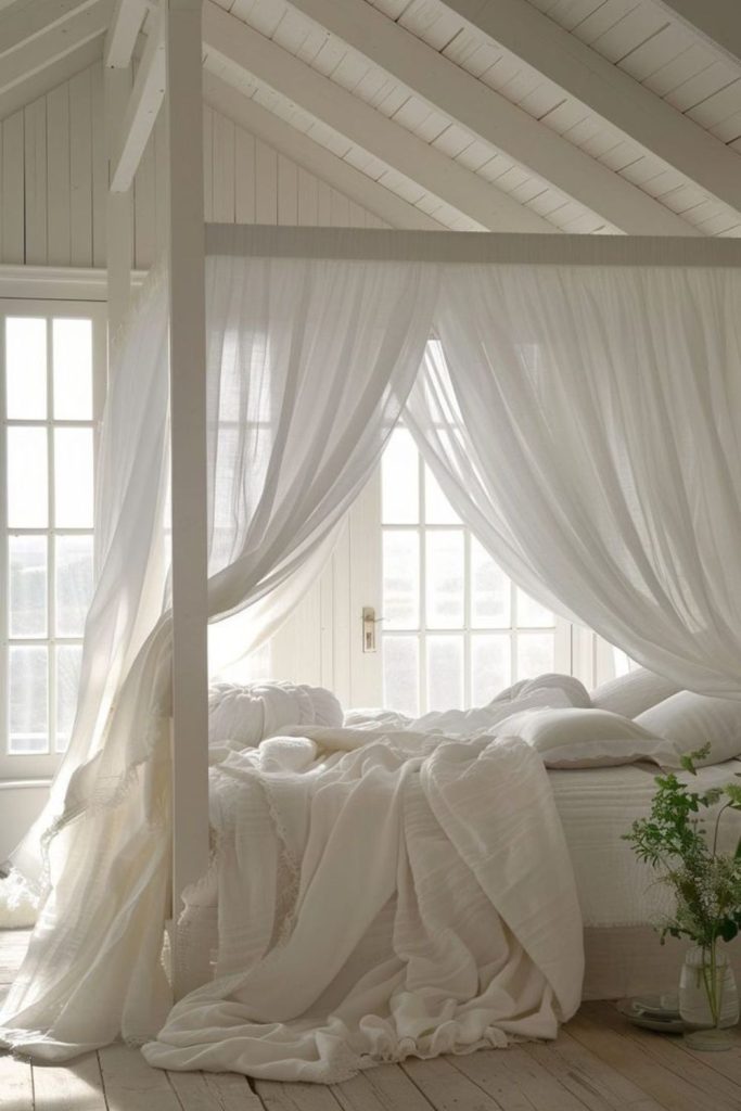 Sparse white linens with translucent canopy
