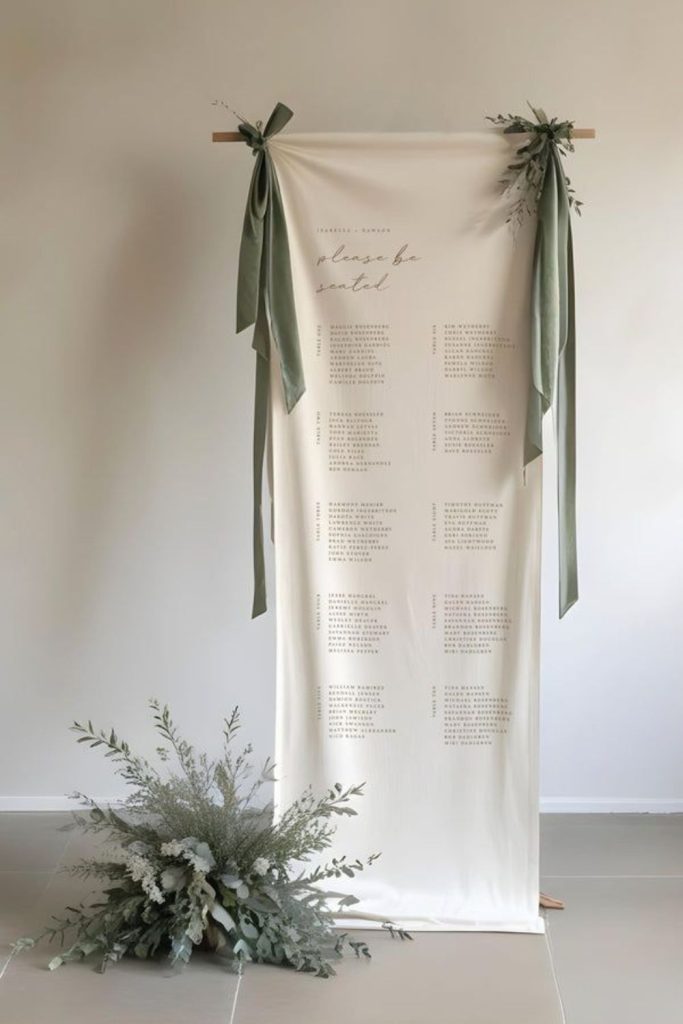 Linen scroll minimalist elegant wedding seating chart.