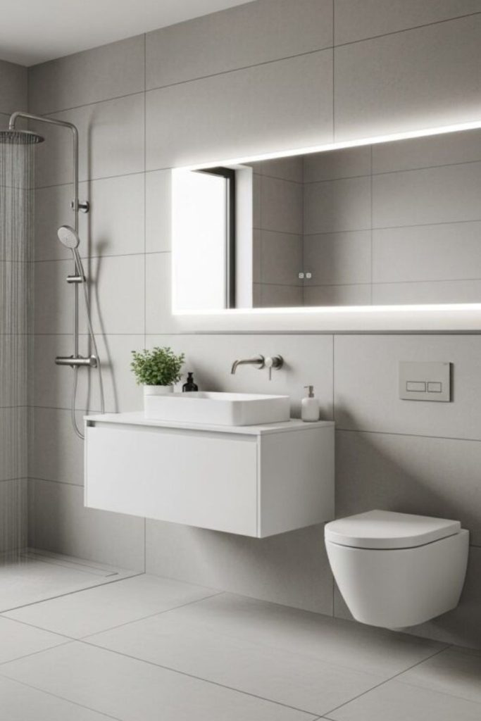 “White minimalist bathroom with floating fixtures”