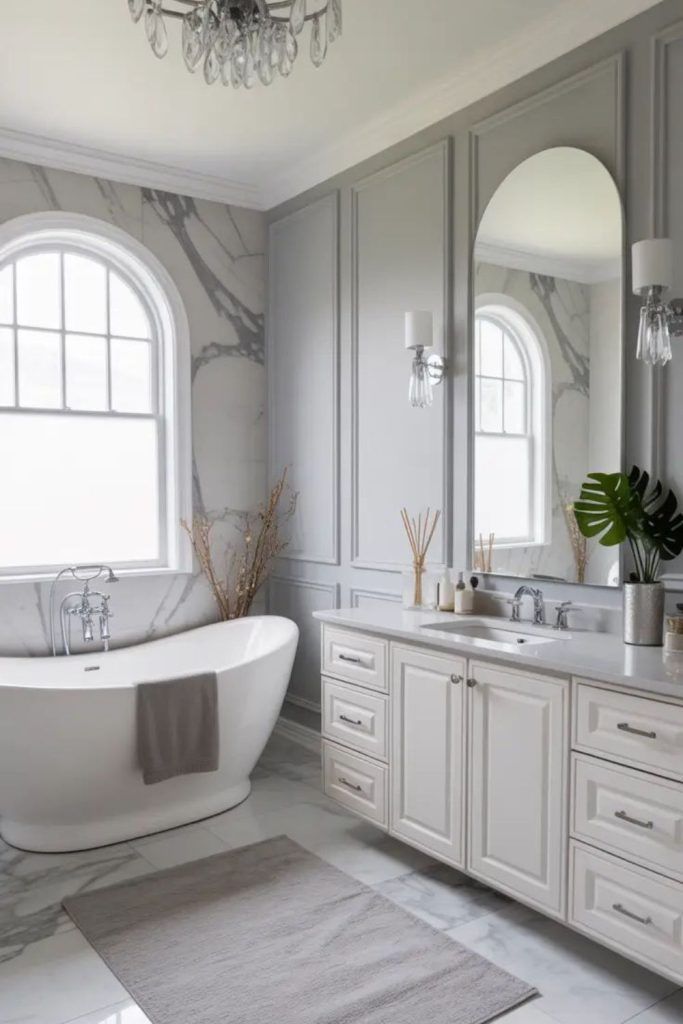 “Gray marble bathroom with misted lighting”