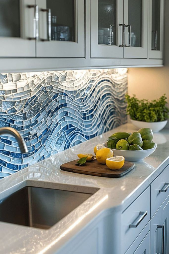 Misty shore glass backsplash design