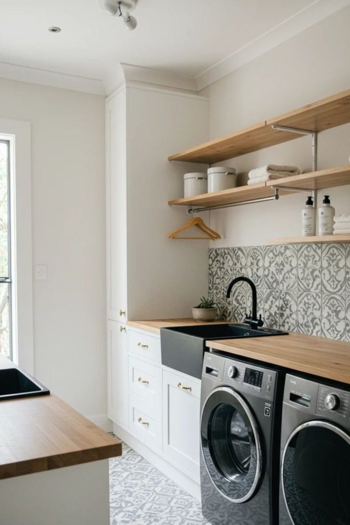 Matte black sink with bold cabinets
