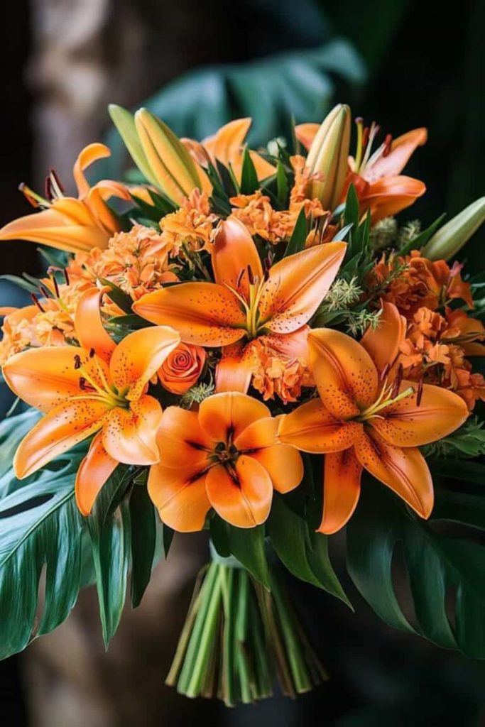 Orange lilies with faux butterflies