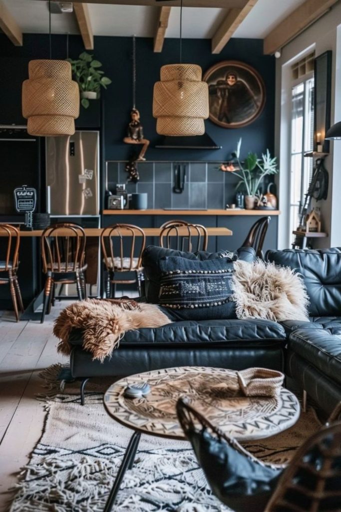 Monochrome living space with edgy accents.