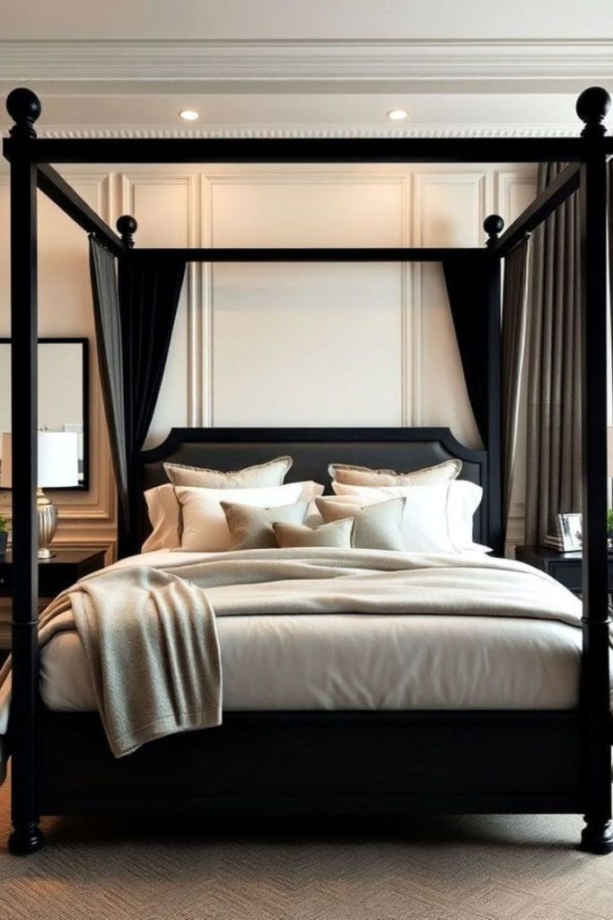 Monochrome black canopy bed bold contrast design.
