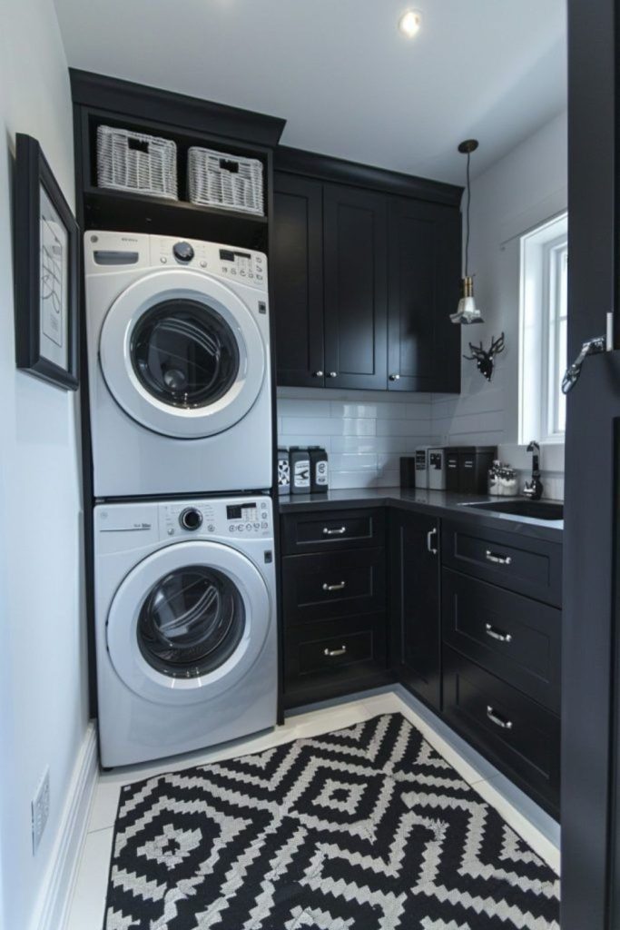 Monochrome minimal laundry room calm atmosphere