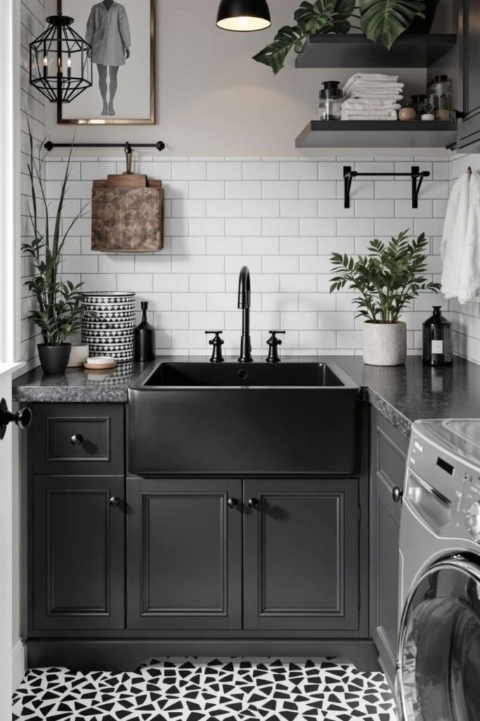 Black sink embedded in glossy cabinets
