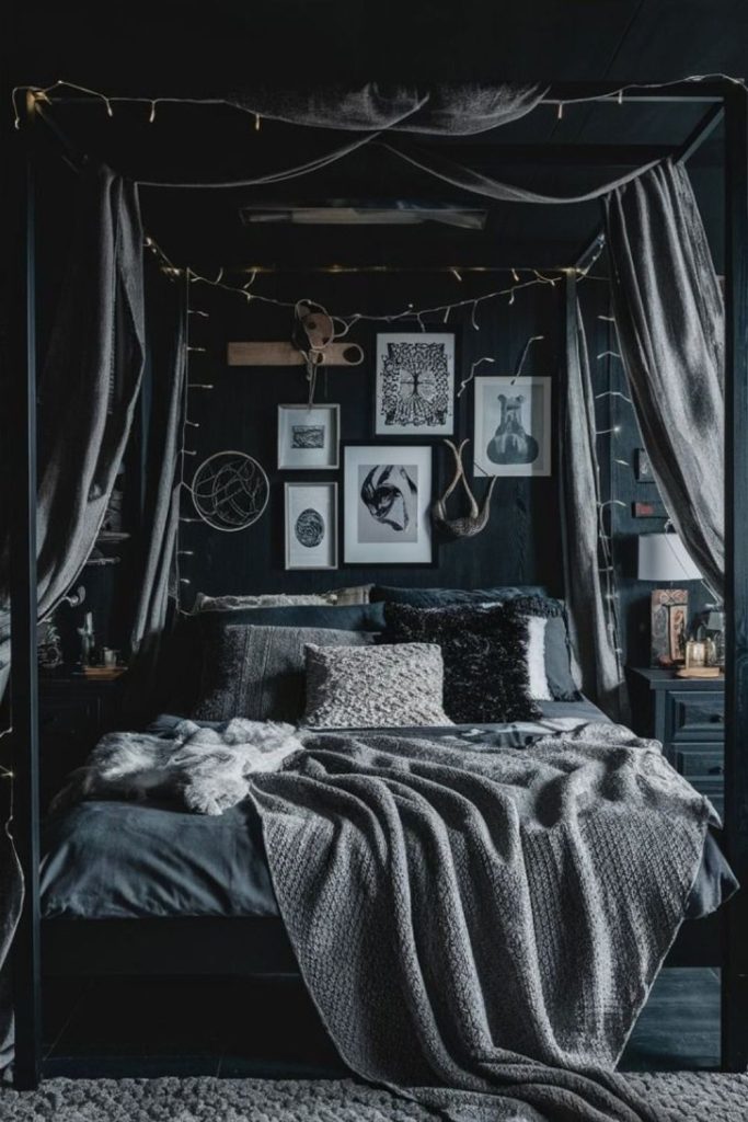 Black canopy bed forest themed cozy bedroom.