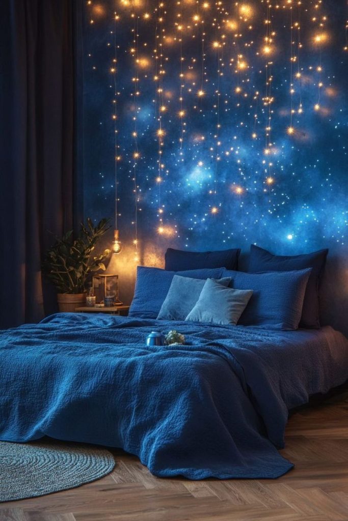 Midnight blue walls with luminous flowers.