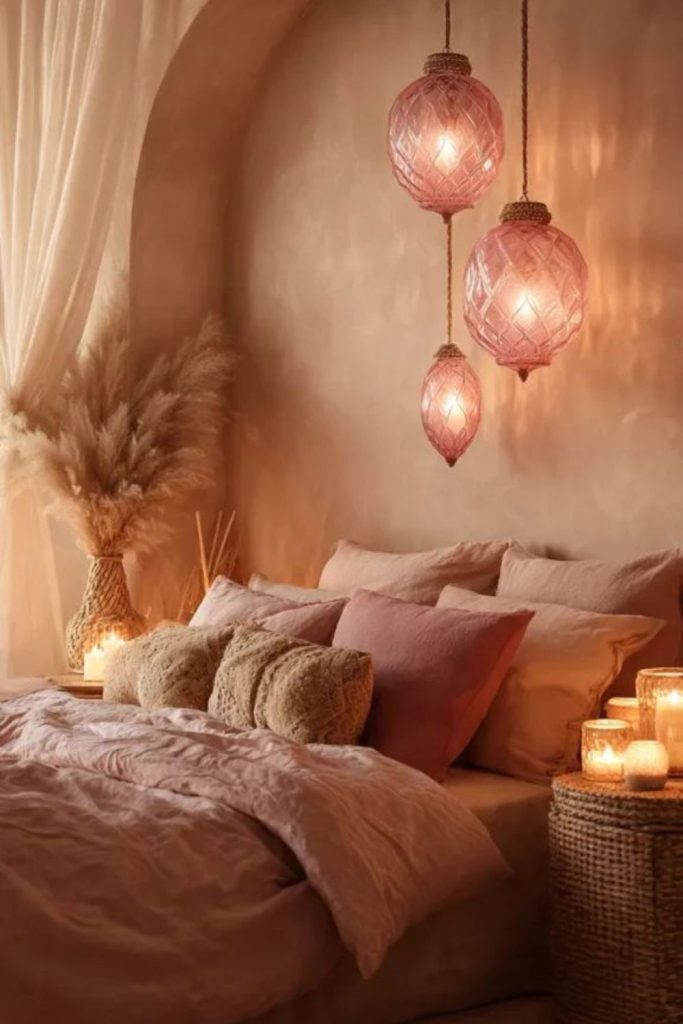 Dusky rose walls with candlelight glow.