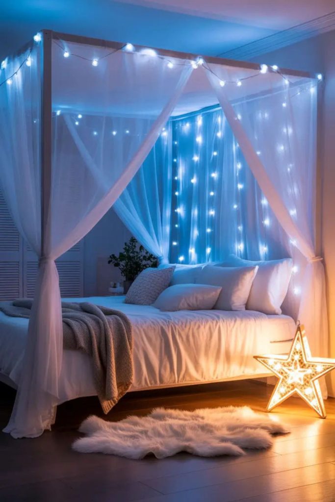 Silver sheer curtains under moonlight ambiance