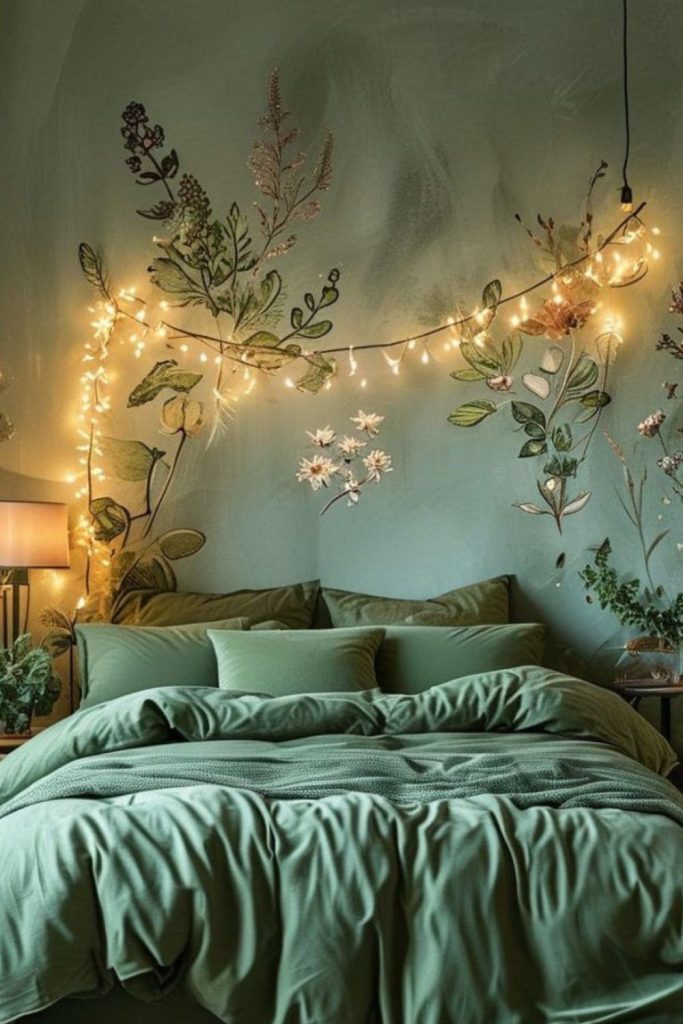 Sage walls with mossy green bedding.