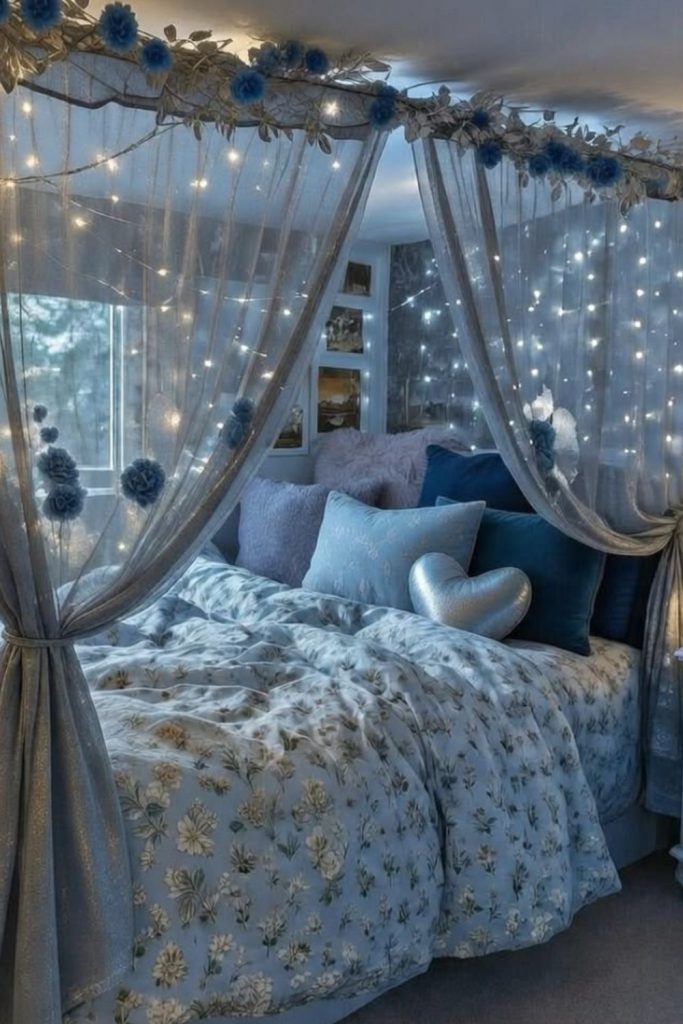 Twilight forest-inspired bedroom with lanterns.