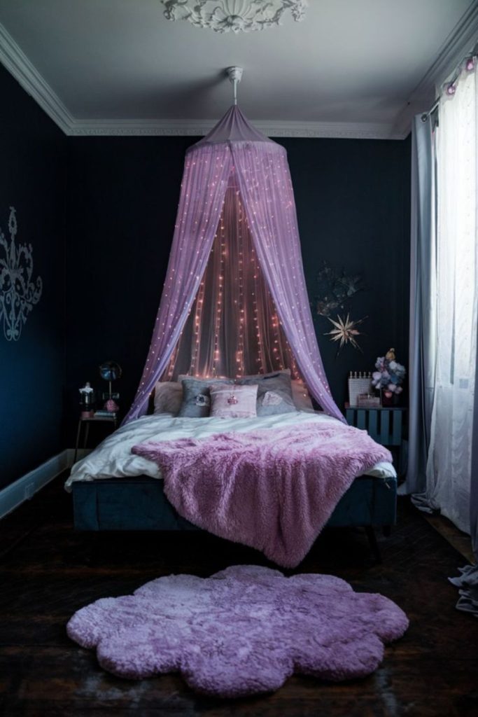 Ethereal orchid cocoon with twinkling lights.