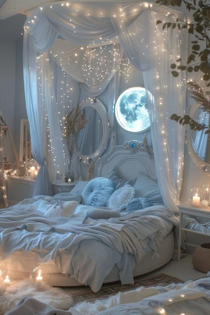 Pale blue misty ethereal canopy bed