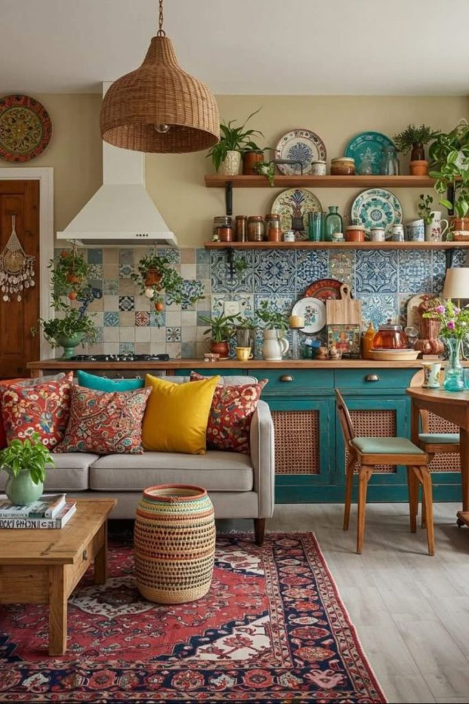 Moroccan living room with vibrant tiles.