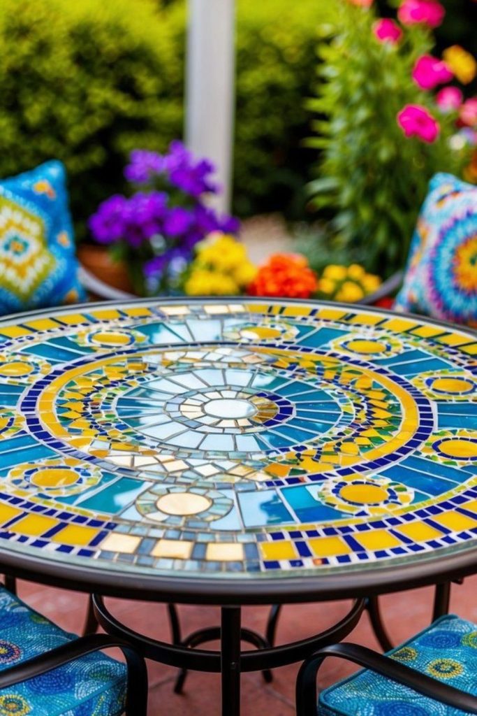 Colorful mosaic tiles decorating spring tabletop.