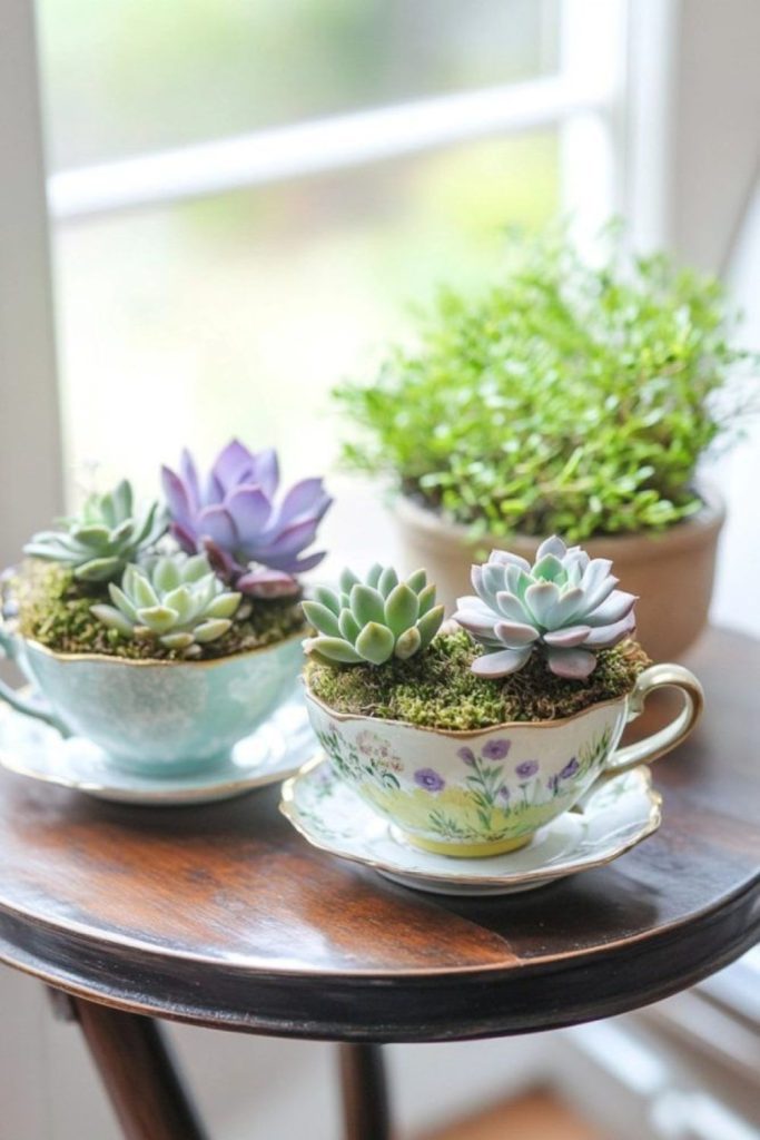Tiny teacups filled with moss and plants.