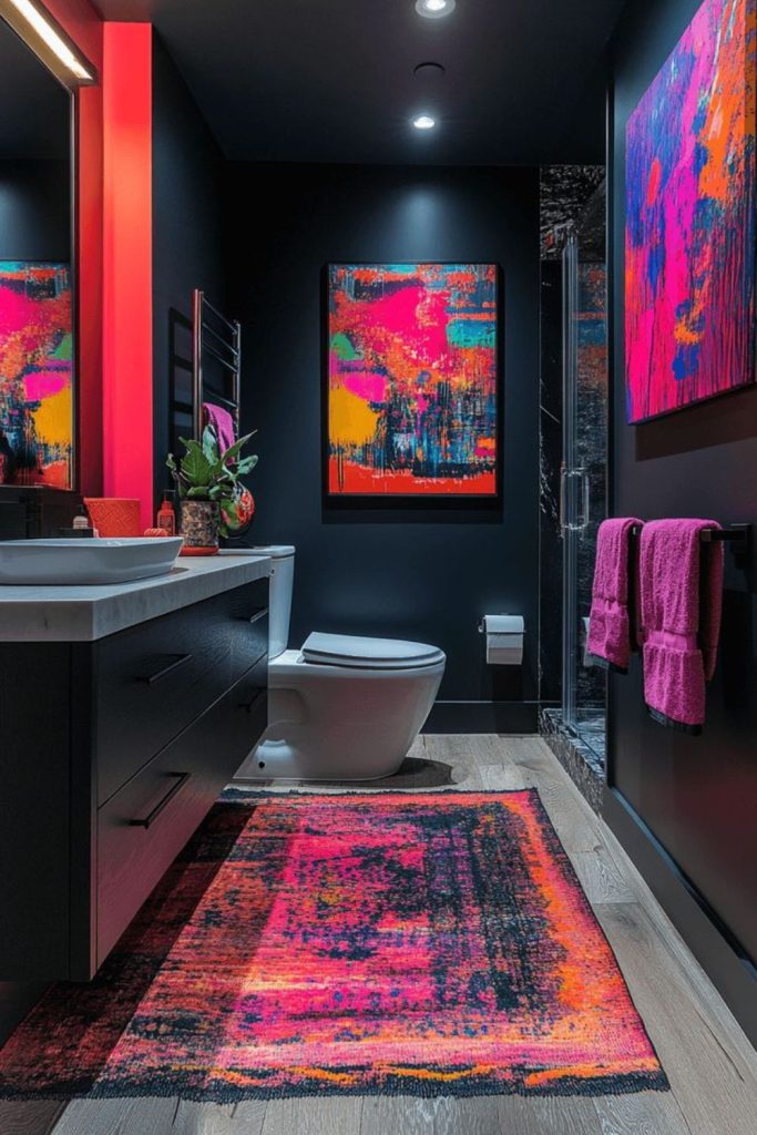 “Black bathroom with neon ambient lights”