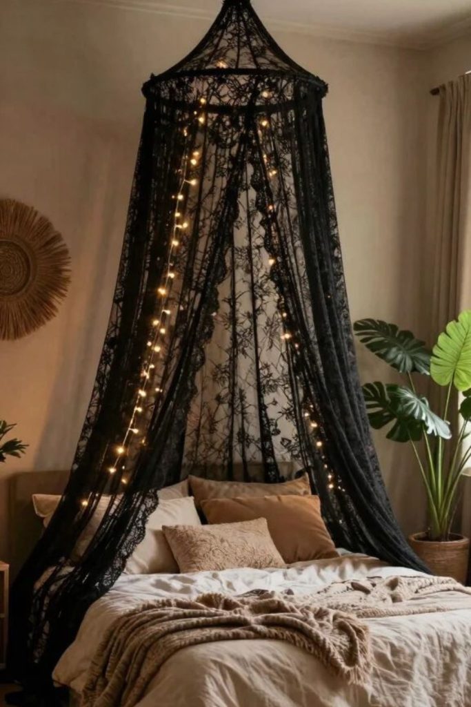 Romantic black canopy bed soft chiffon drapes.