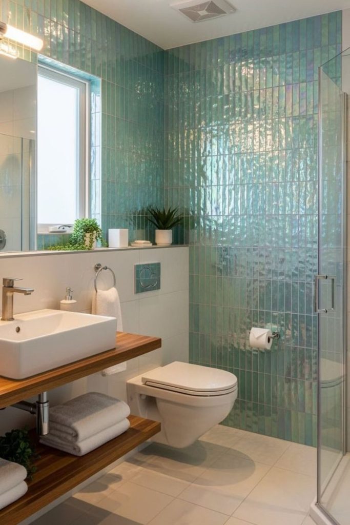 Minimalist aqua bathroom with floating basins”