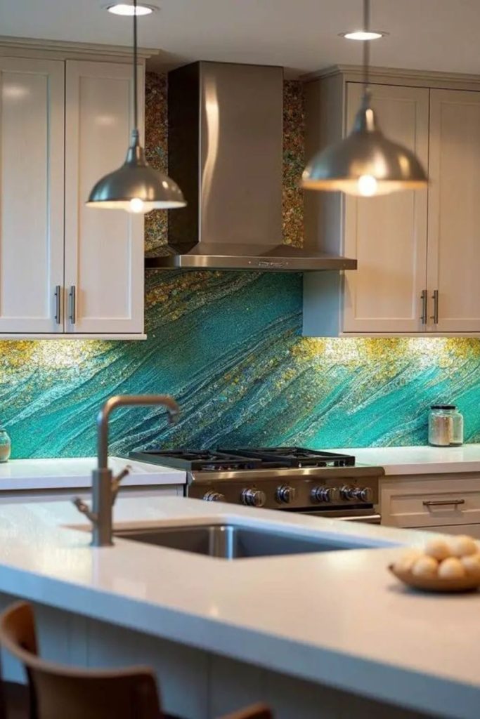 Ocean ember glass backsplash glow
