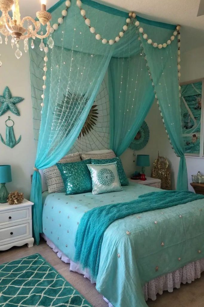 Aqua turquoise drapes pillows sand rugs