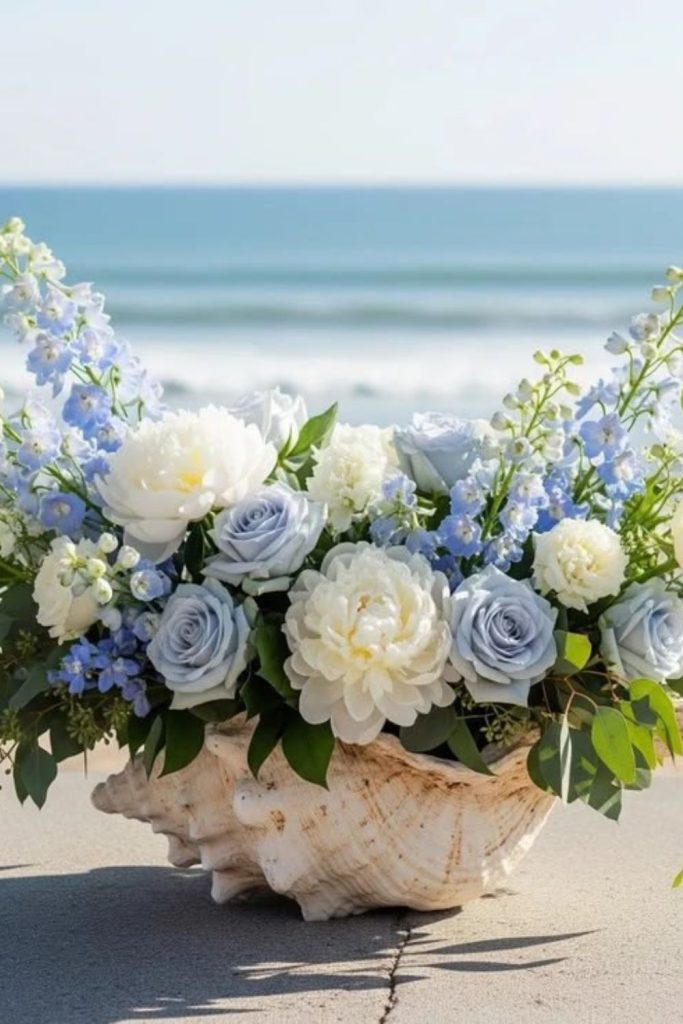 Blue hydrangeas seashell ocean theme