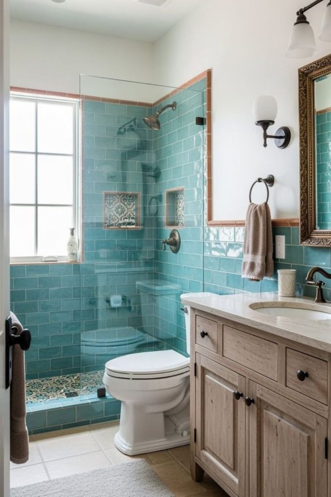 “Turquoise bathroom with ocean inspired decor”