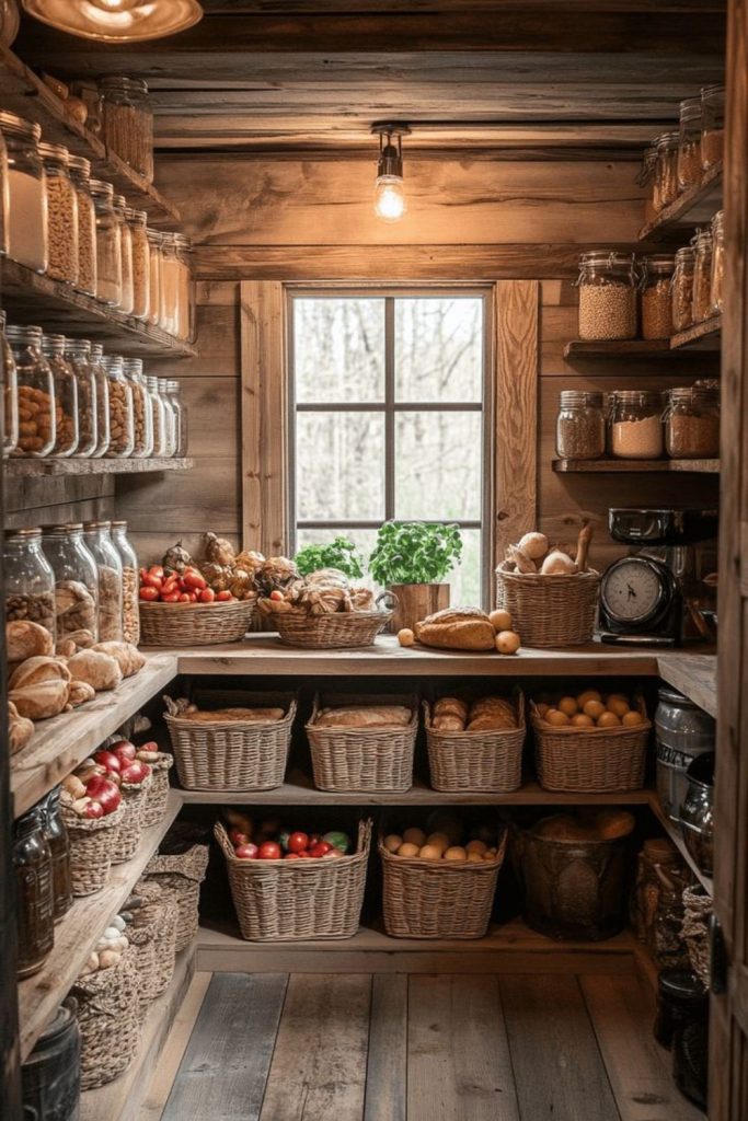 Primitive pantry room with wooden shelves