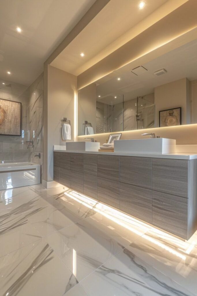 “Opalescent bathroom with floating reflective tub”