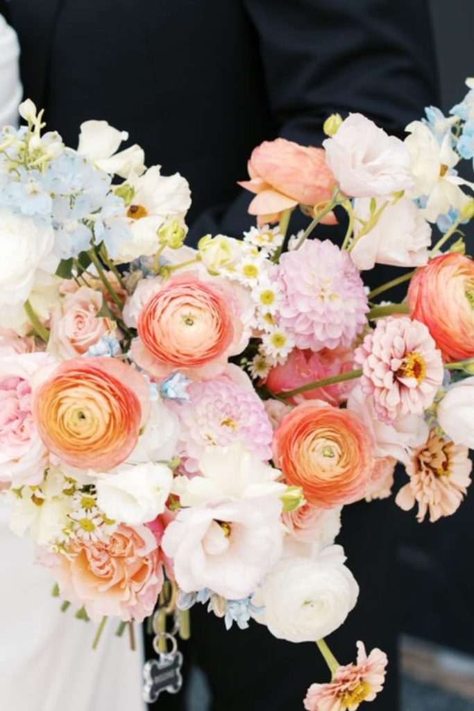 Opal-hued peonies with mint ranunculus