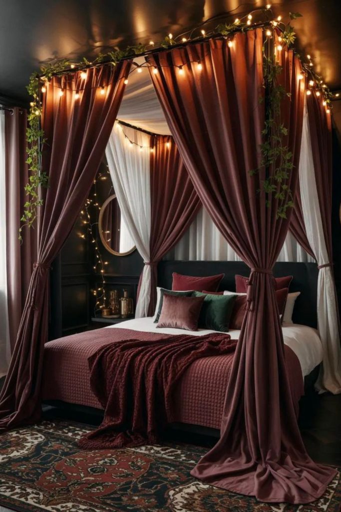 Scarlet velvet canopy with brass finials