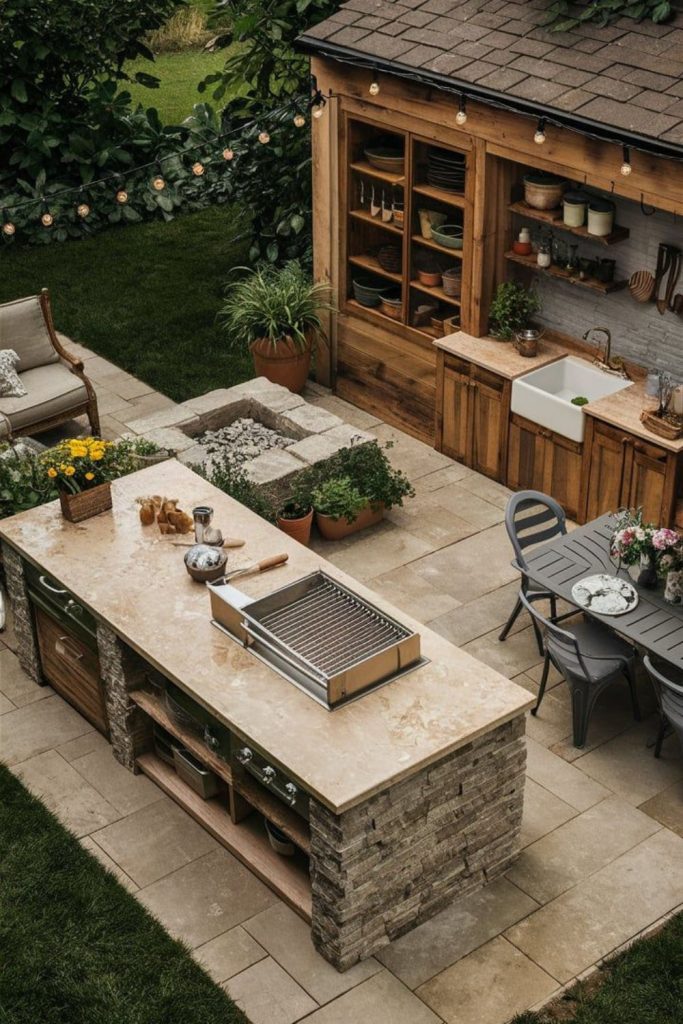 Rustic wooden grill under fruit trees