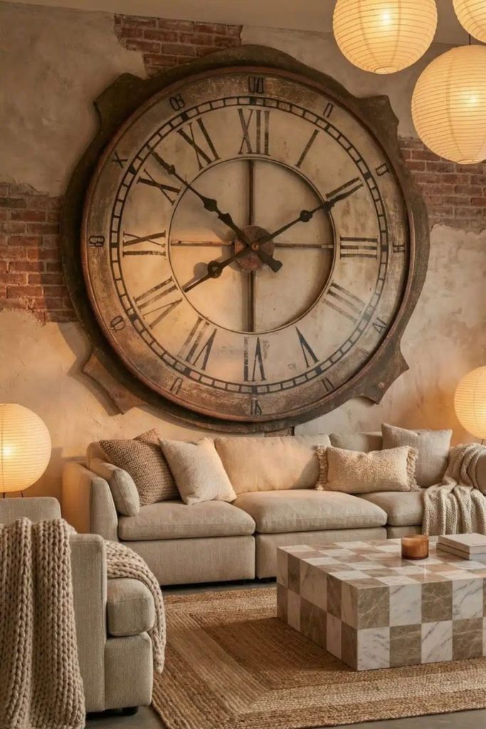 Oversized modern wall clock installation.