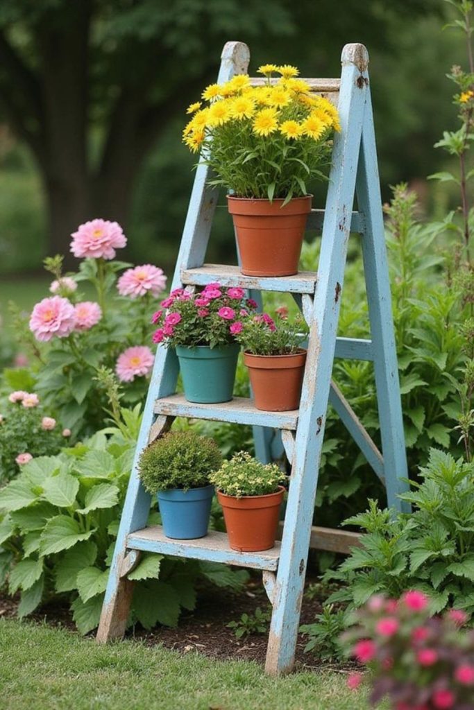 Painted ladder vertical garden plant display
