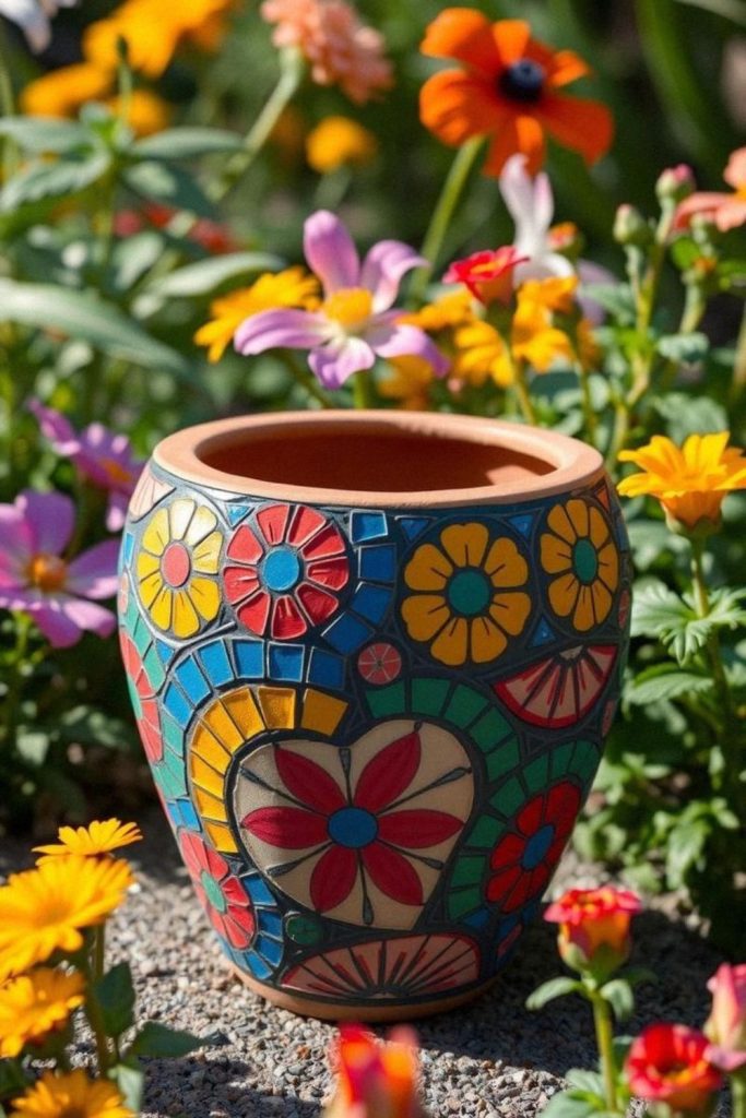 Colorful painted pot garden display