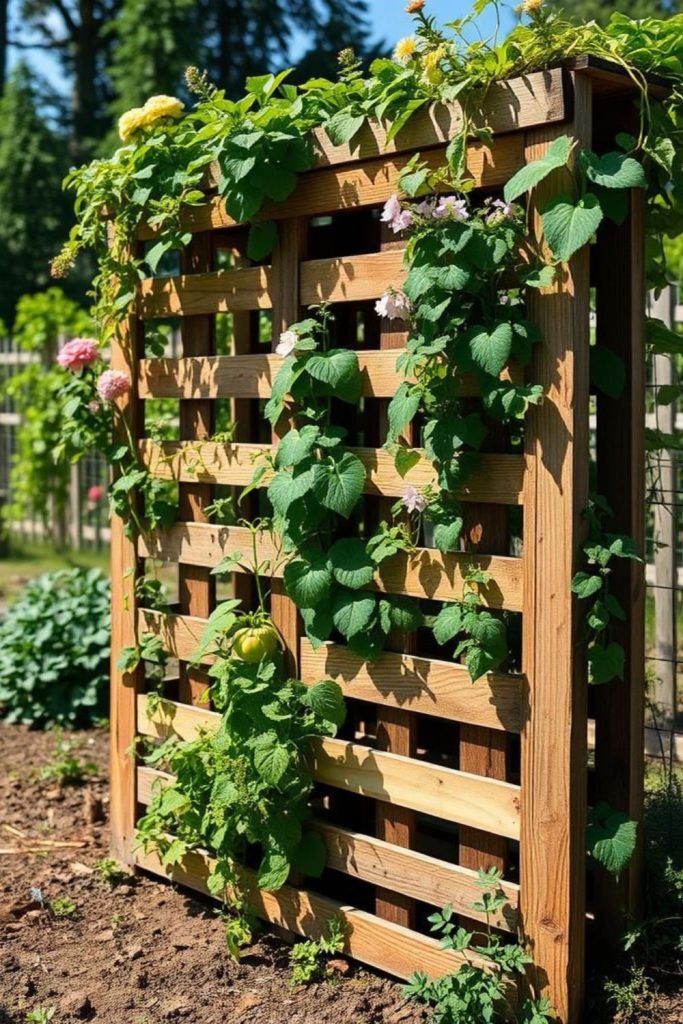 Garden trellis made from stacked pallets