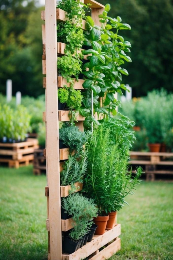 Vertical herb tower in backyard garden