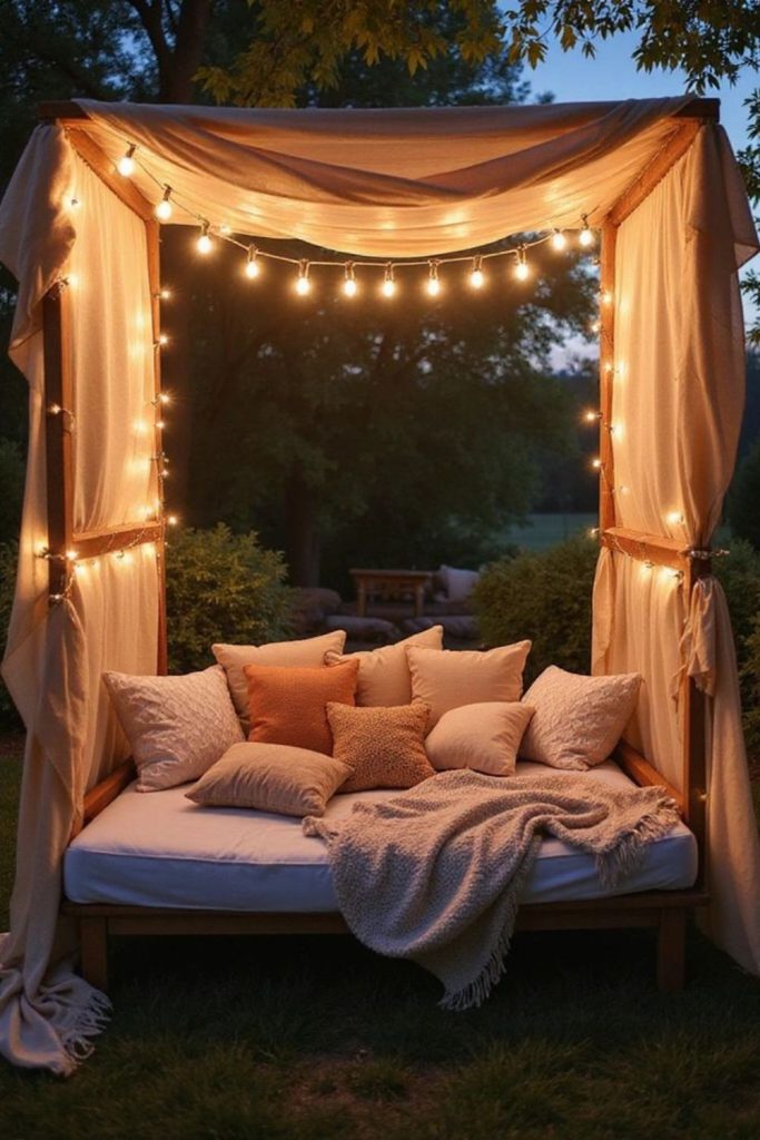 Pallet bed with canopy for outdoors