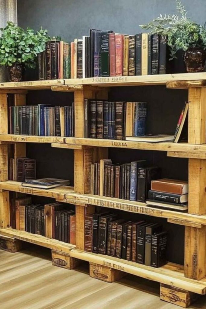 Crooked pallet bookshelf holding books outdoors